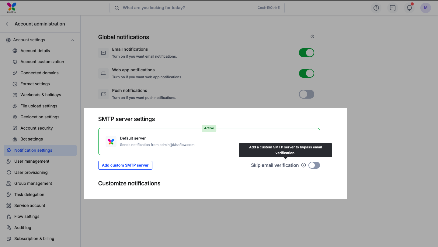 Prompt to add a custom SMTP server when toggling skip verification