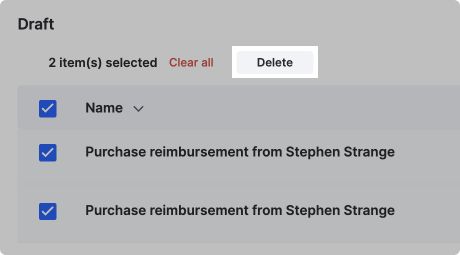 Draft items selected with the Delete action available