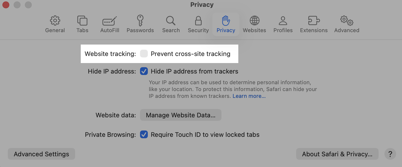 Safari privacy settings