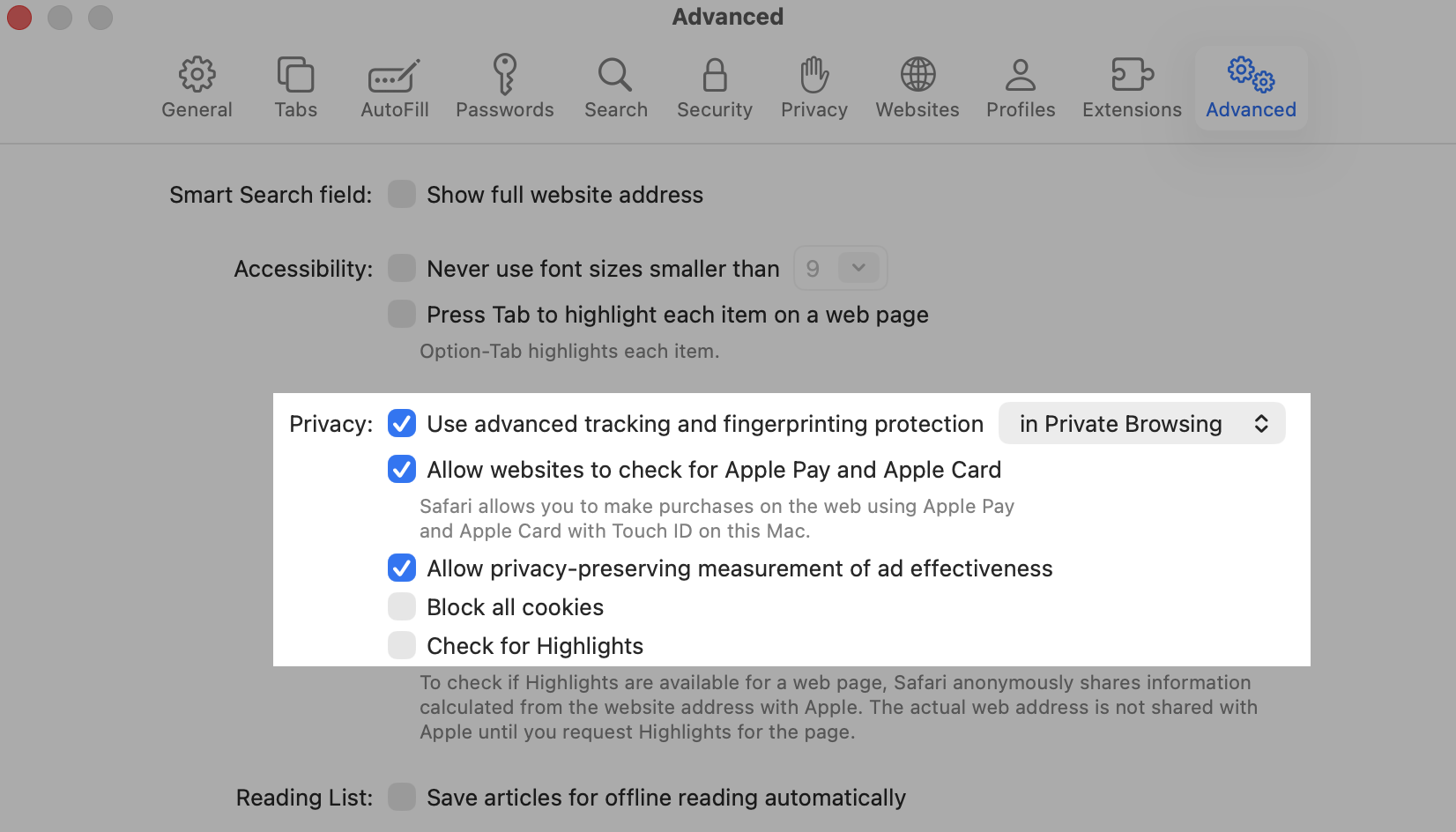 Safari advanced cookie settings