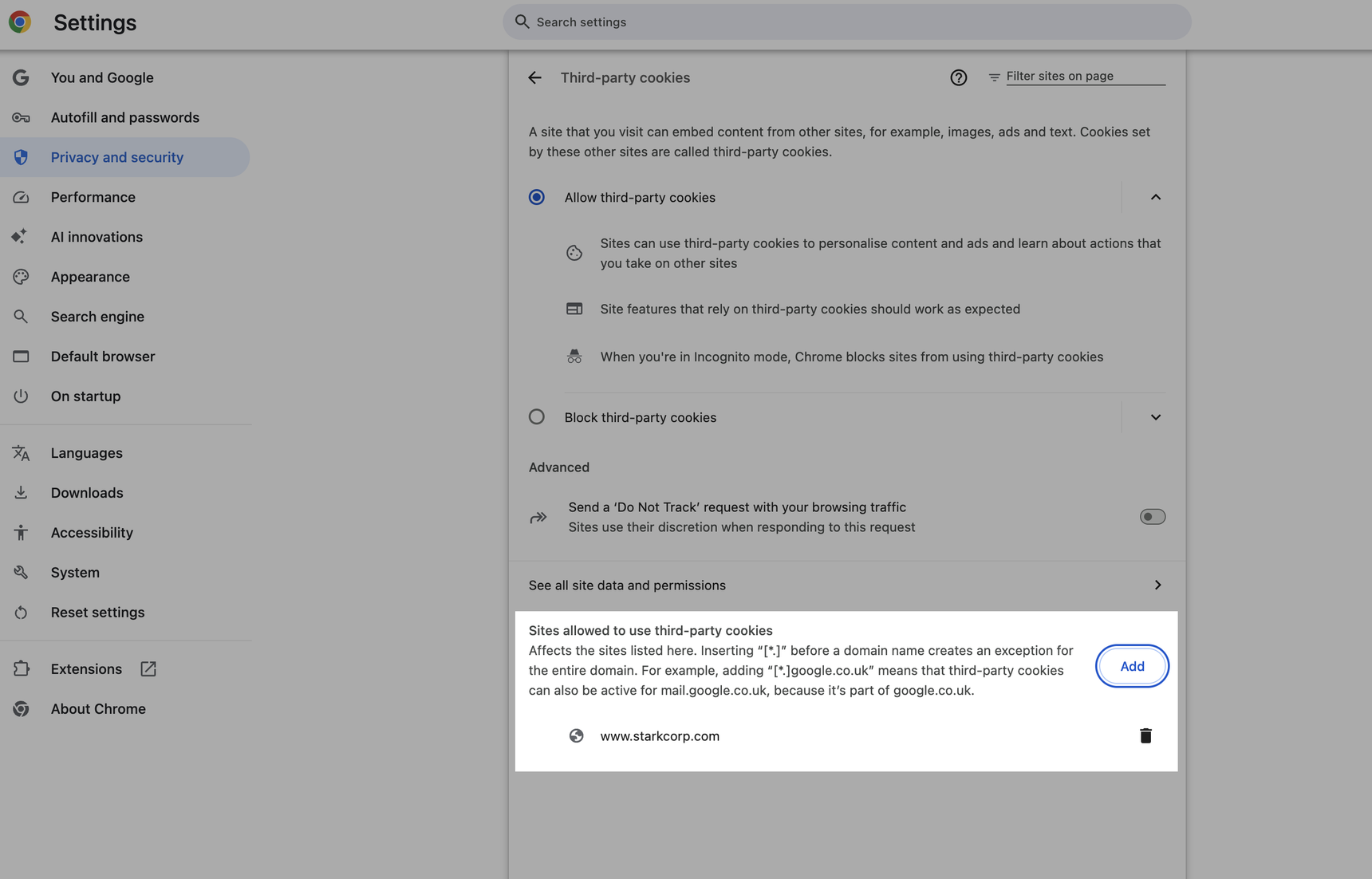Adding a site to the third-party cookies exceptions list in Chrome settings